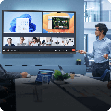 A man presenting on a conference call with the Createboard.